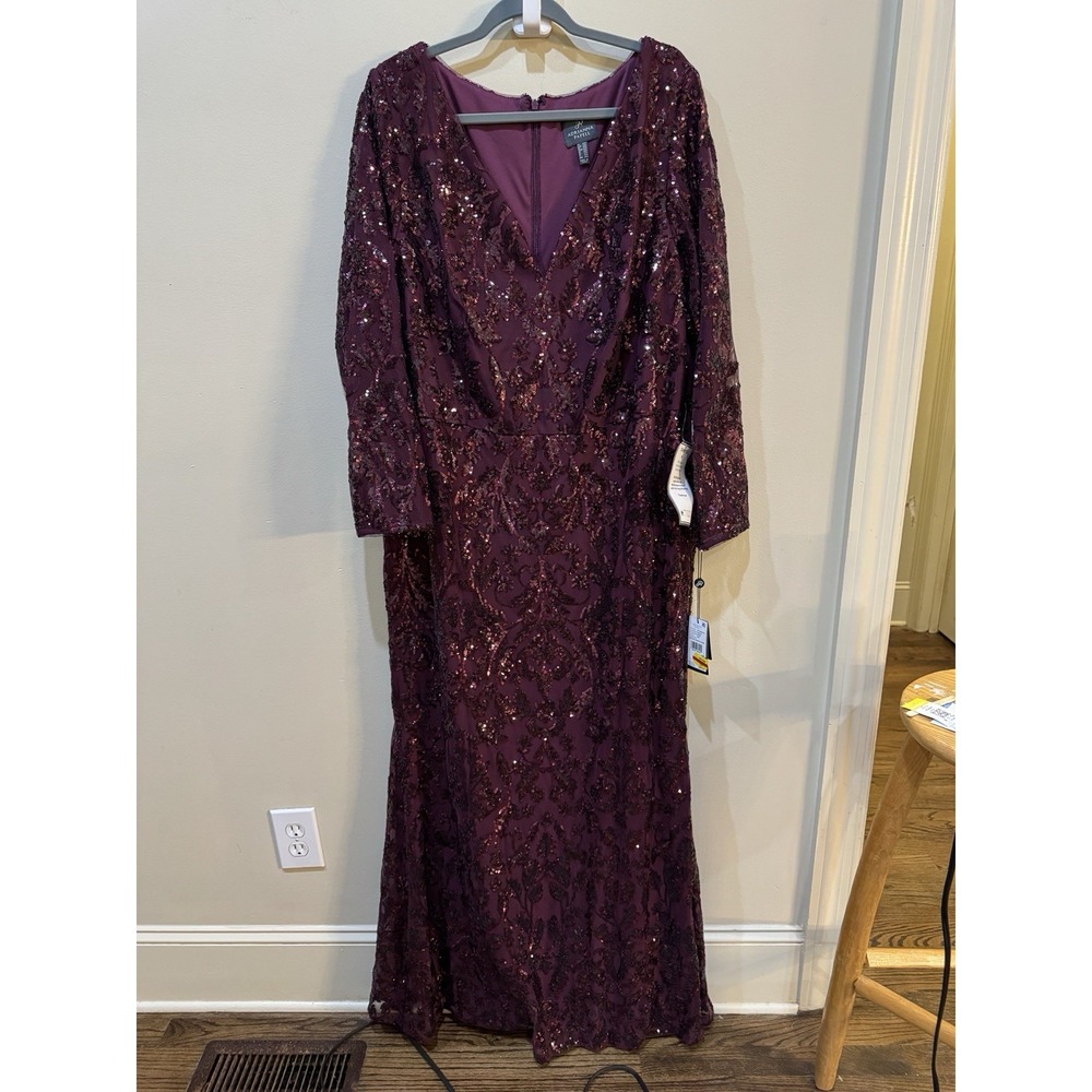 Adrianna Papell Plus Size Long Sleeve Stretch Sequin Mermaid Gown In Cassis - Picture 4 of 14